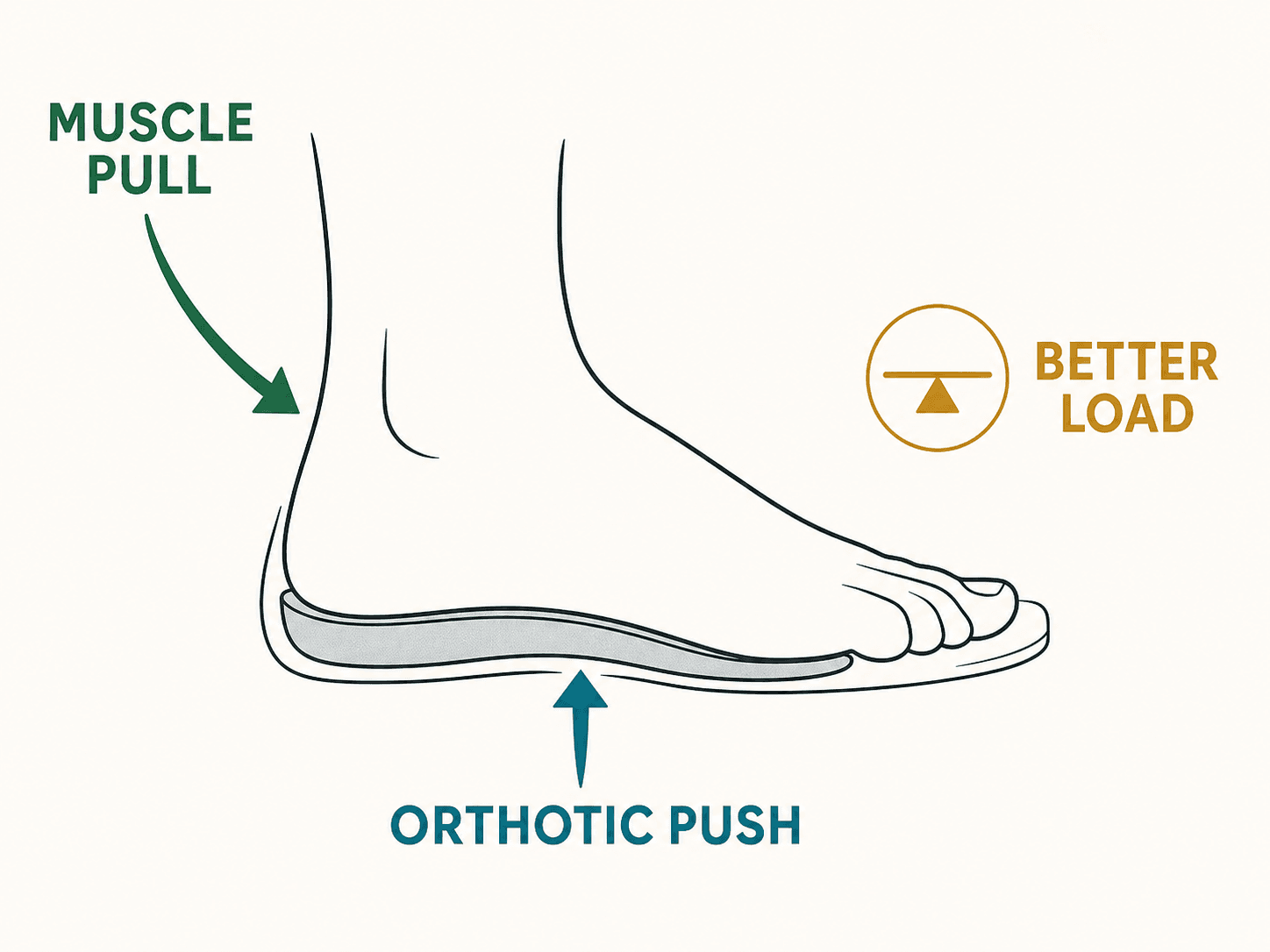 Orthotic push and muscle pull load management diagram Foot diagram showing muscle pull and orthotic push working together to create a better load.