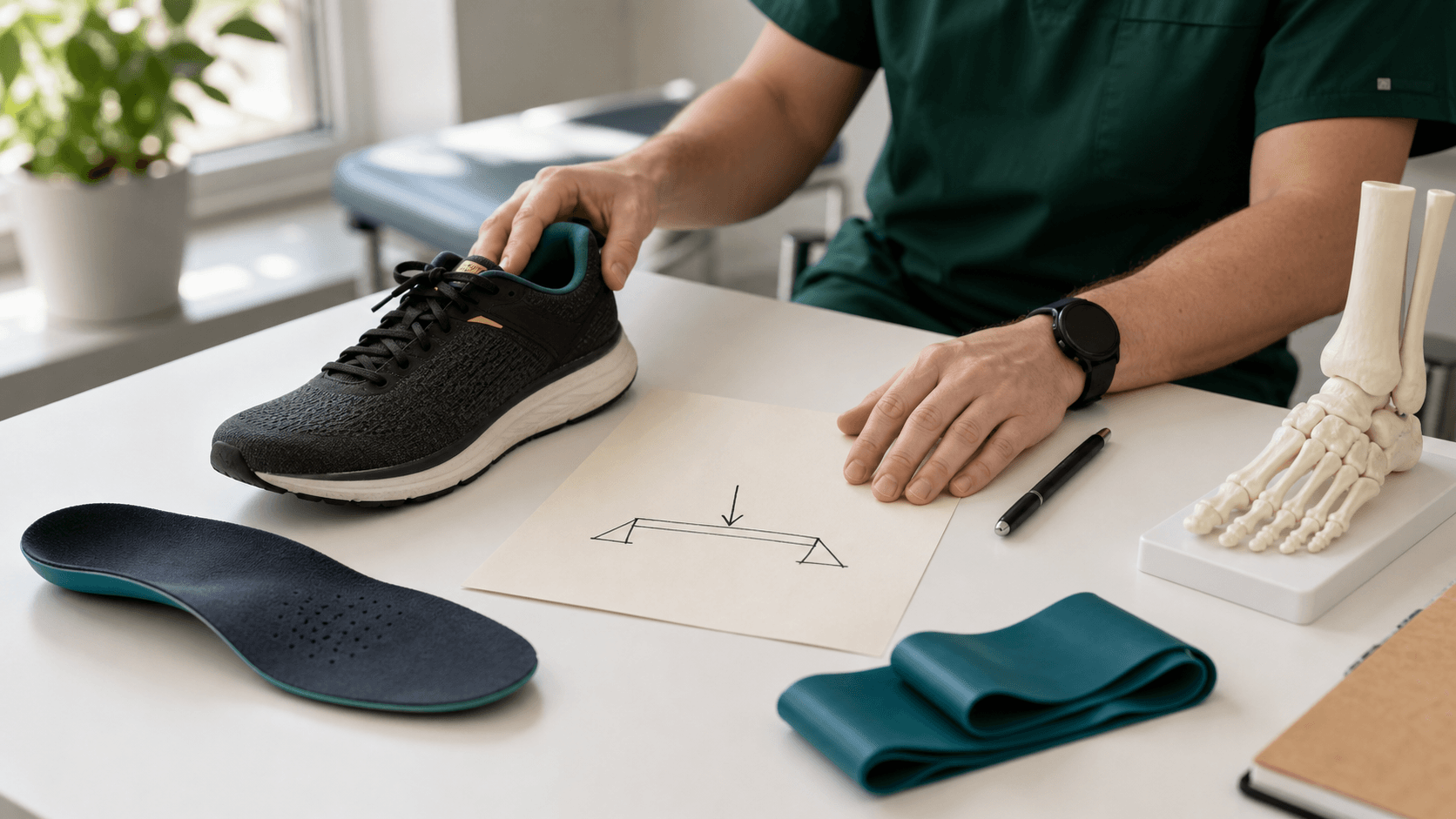Pride Podiatry load and capacity framework Running shoe, orthotic, resistance band and bridge-load sketch on a podiatry clinic desk.
