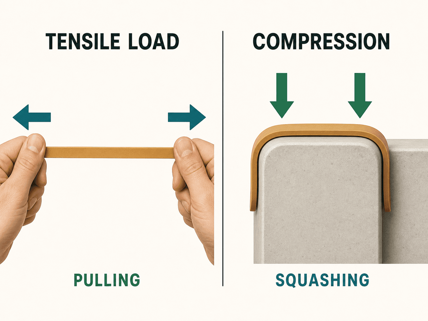 Tensile load and compression diagram Elastic band diagram showing tensile load as pulling and compression as squashing.