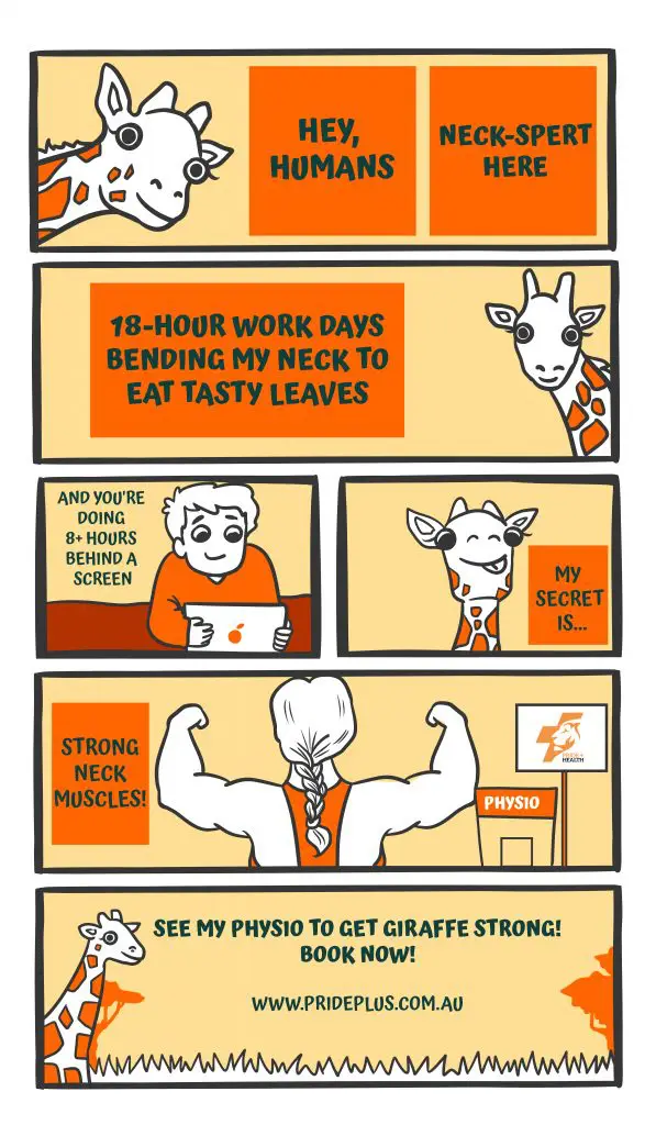 comic strip about our giraffe neck spert who does not get a stiff neck, headache or pain like us humans