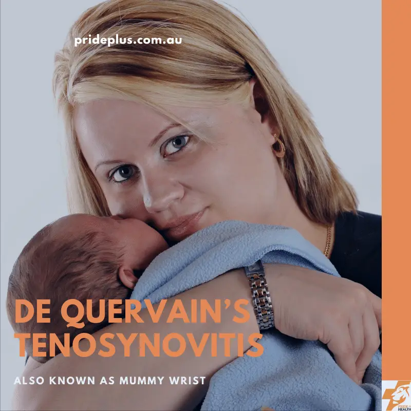 young mum with sore wrist from de quervain's tenosynovitis holding a baby while waiting for her physiotherapist to fix it