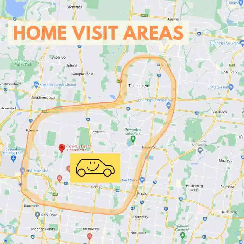 map of where gentle podiatry home visit service available in melbourne